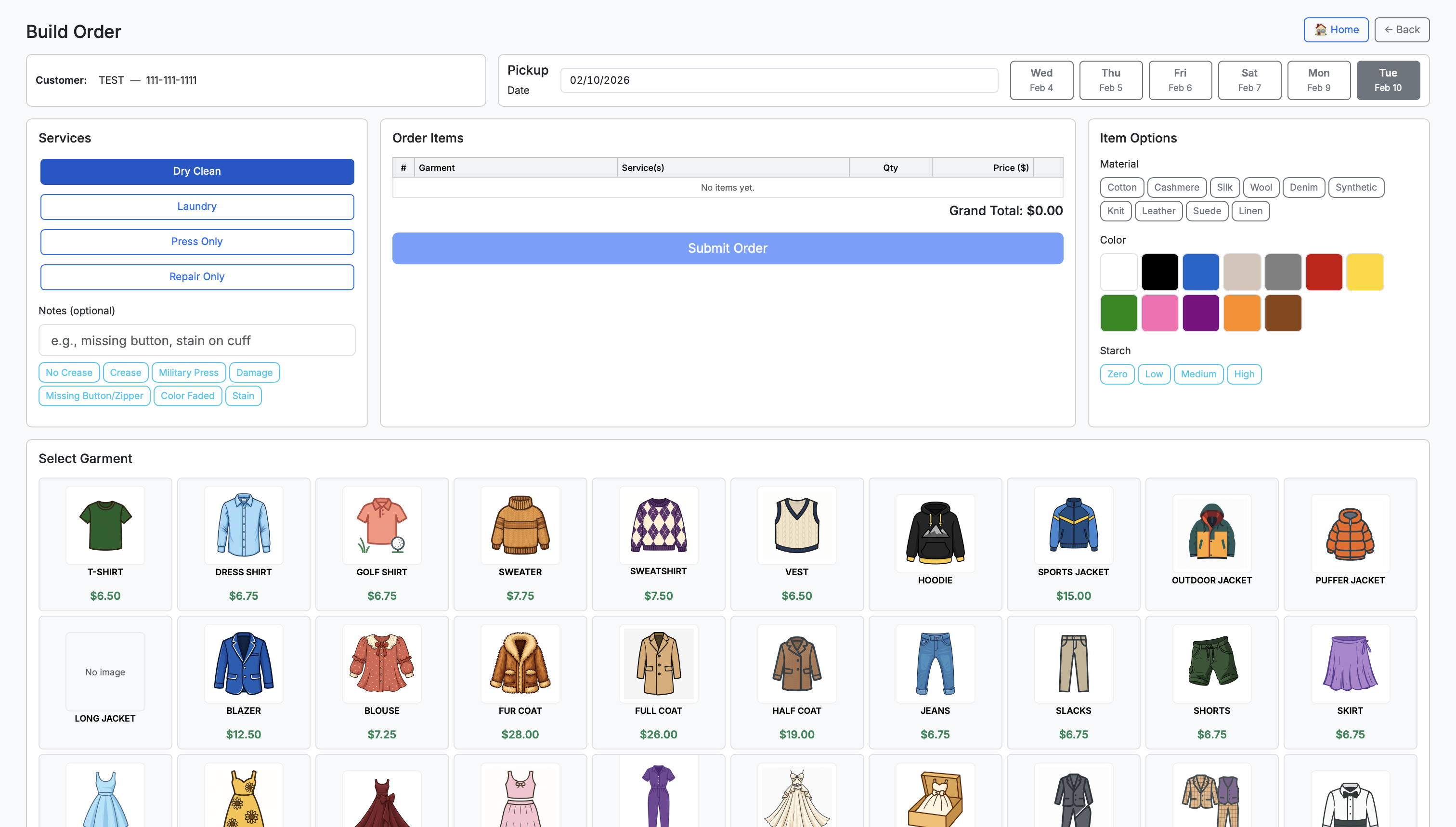 Dry cleaning POS interface screenshot